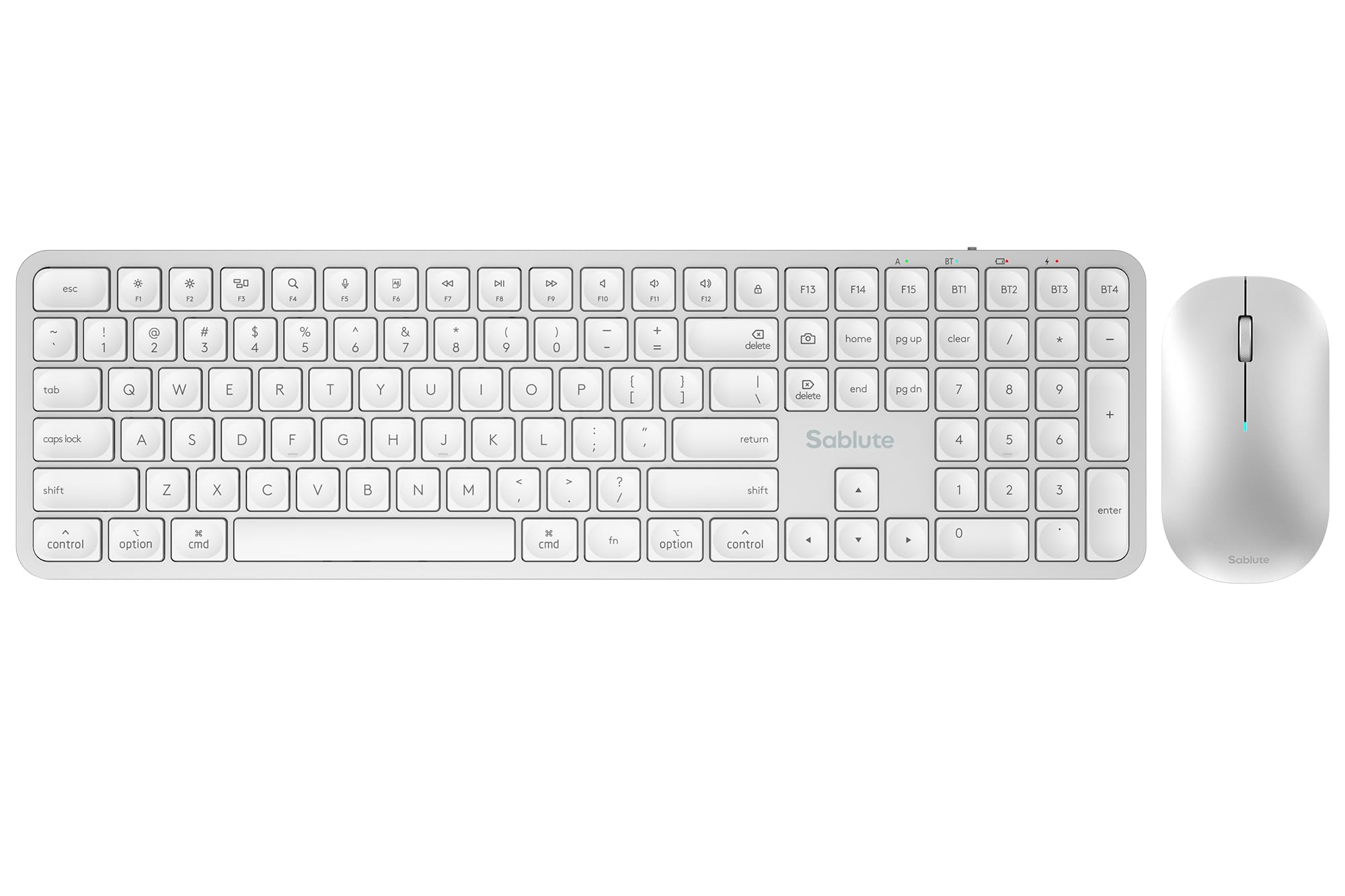 SABLUTE Teclado y mouse Bluetooth para Mac, combo de teclado inalámbrico recargable para múltiples dispositivos, textura metálica, tamaño completo para MacBook Pro/Air, iMac, iPad (blanco plateado)