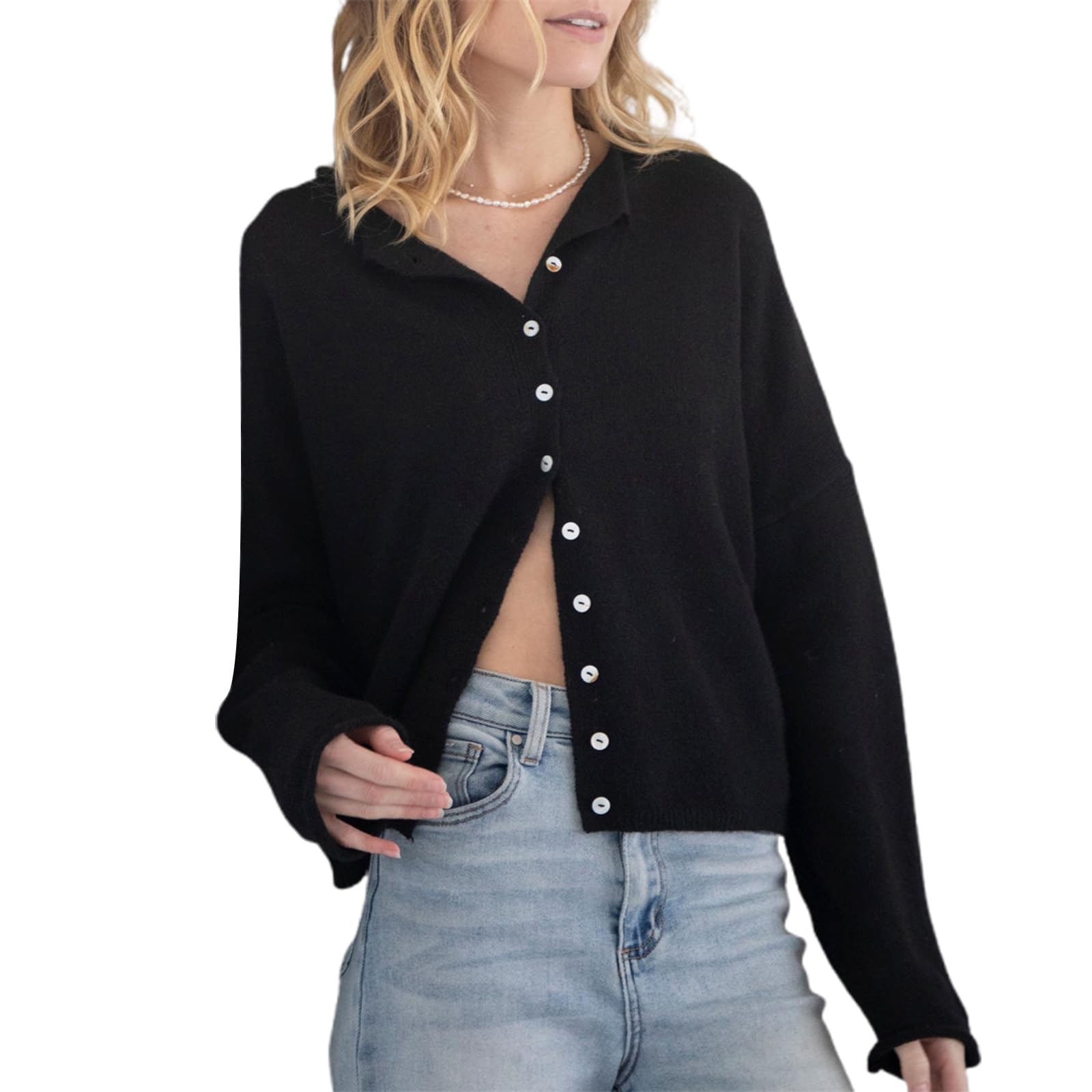 Women Y2k Button Down Sweater Solid Color Long Sleeve Crew Neck Knit Cardigan Casual Going Out Knitwear