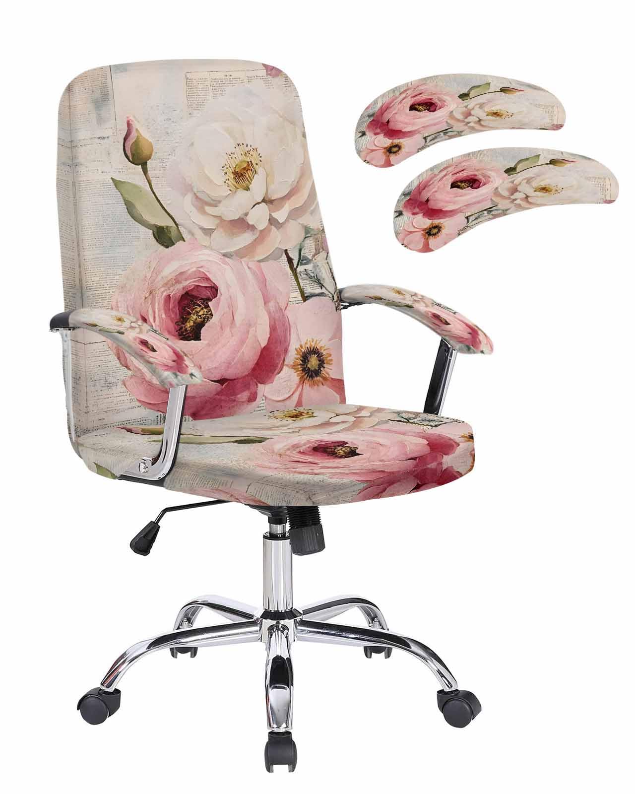 DecorLovee Pink White Spring Floral Office Chair Cover with Armrest Covers & Zipper, Vintage Flowers Watercolor Spandex Computer Chair Covers,