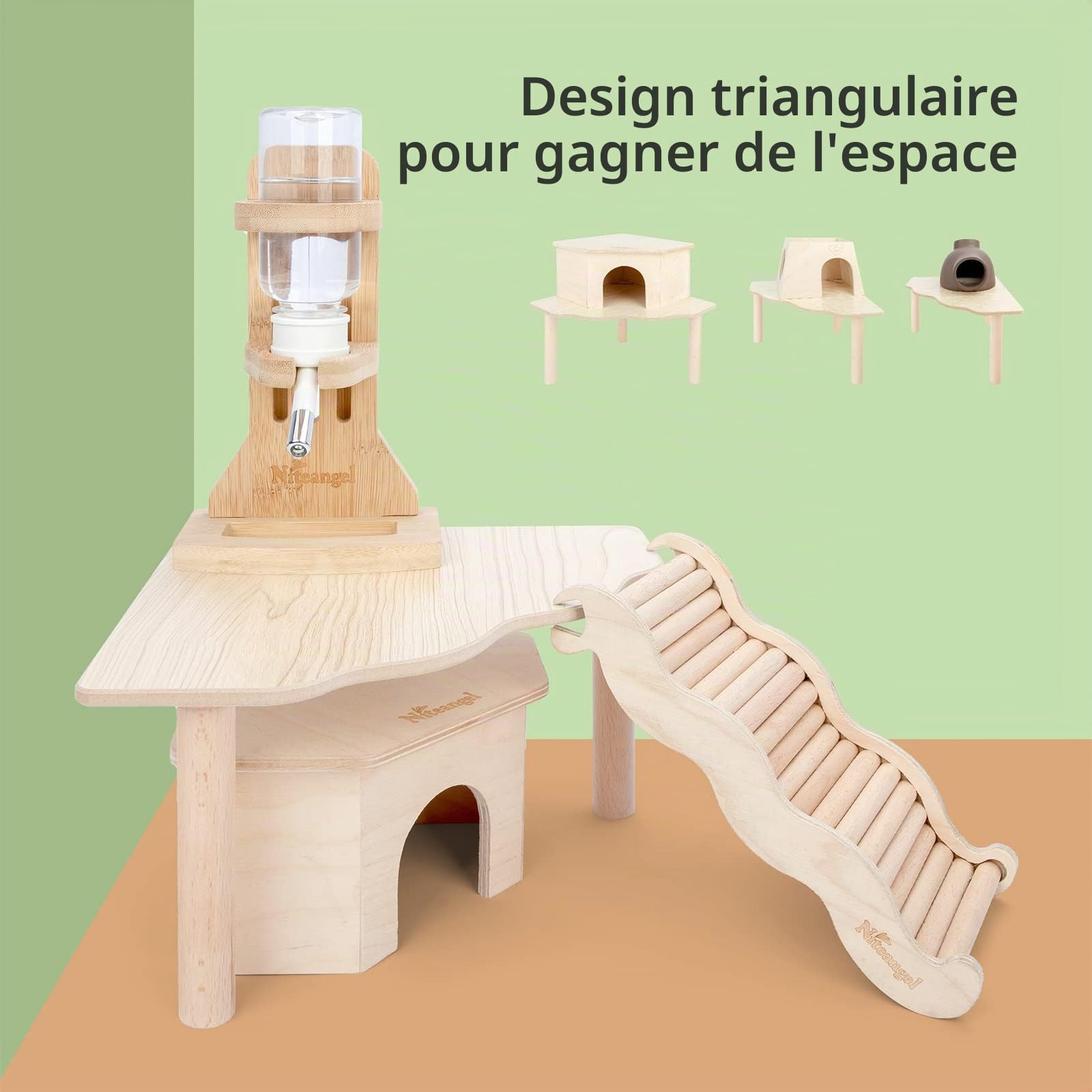 Niteangel Plateforme en Bois de Jeu pour Hamsters Nains syriens, gerbilles, Souris dégus ou Autres Petits Animaux (Triangle - Hauteur de 5,9 Pouces, Burlywood)