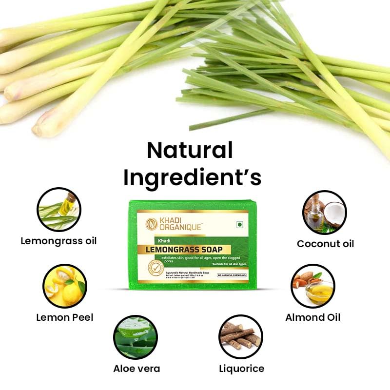 Image of Khadi Organique Natural Herbal Lemongrass Soap Pack of 3 (100% Handmade & Organic Soap)