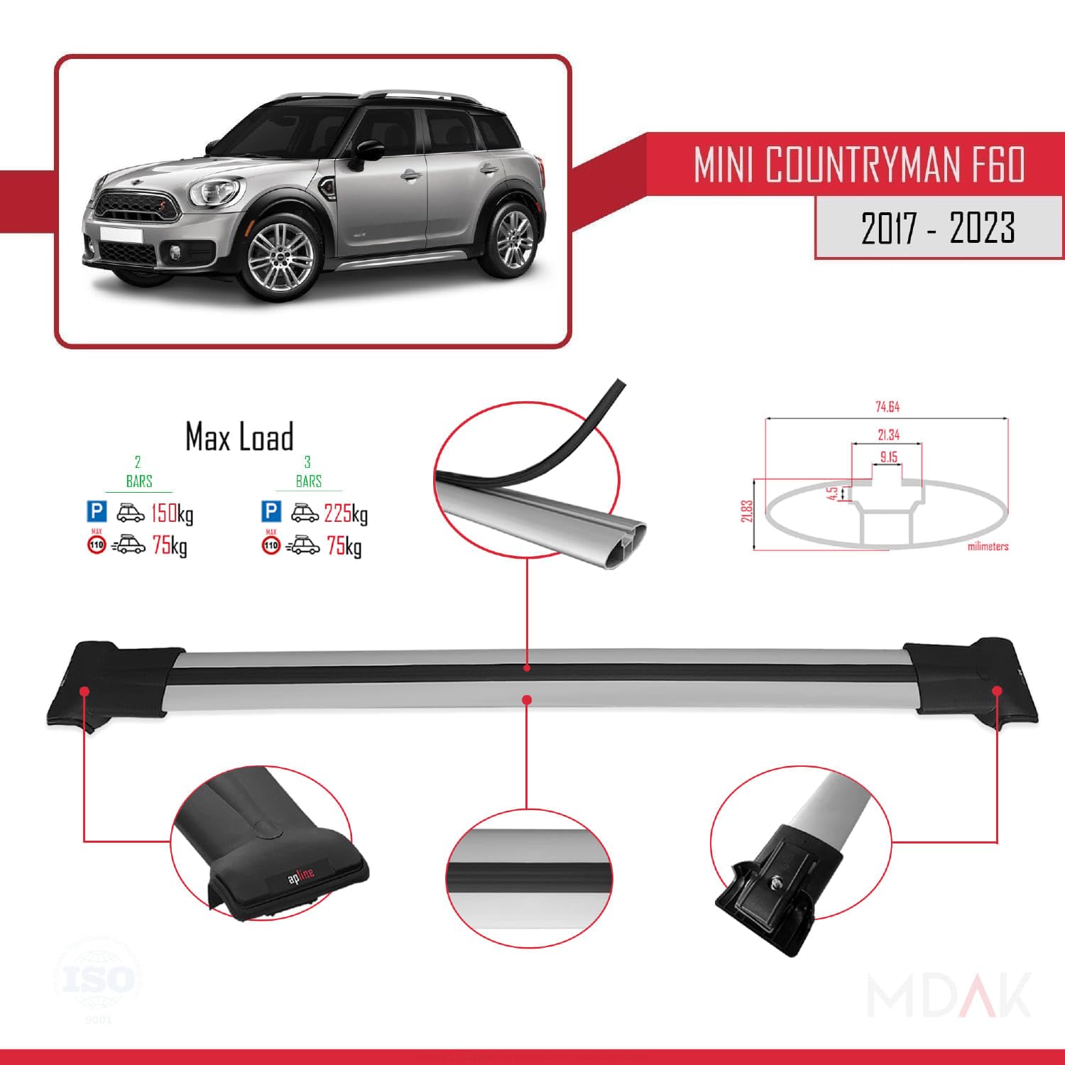 Compatibile con Mini Countryman 2 (F60) 2017-2023 Hook Model Barre Tetto Portapacchi Auto Barre Portatutto Grigo Alluminio 2 Barre