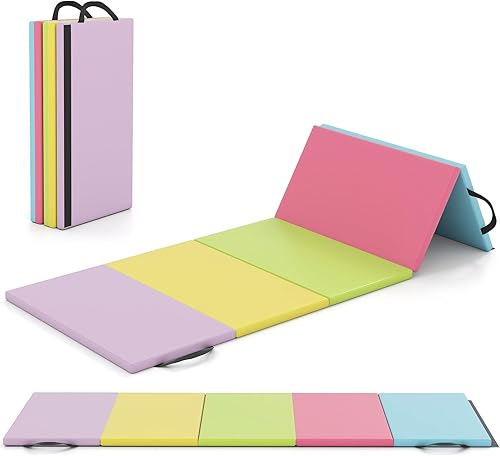 GYMAX Gymnastics Mat, 5-Panel Folding Tumbling Mat with Carrying Handles, 4-Side Hook & Loop Fasteners, Waterproof PU Cover, Exercise Mat for Home,