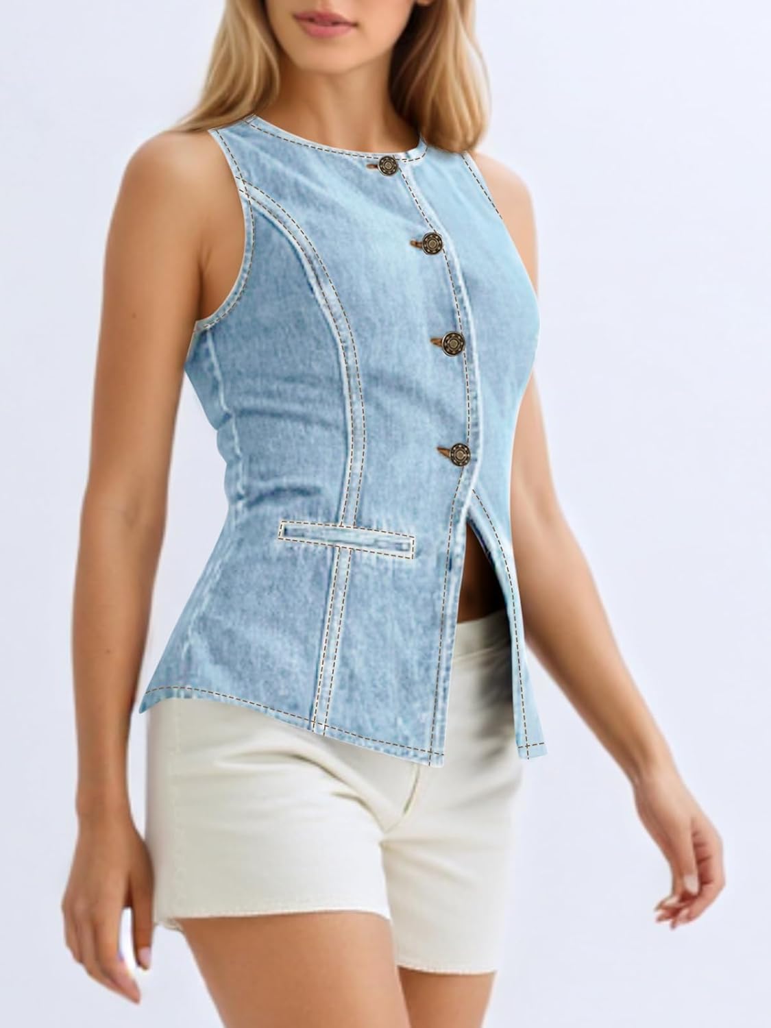 Tankaneo Womens Button Down Denim Vest Trendy Fitted Sleeveless Jean Tank Tops Crew Neck Waistcoat - Image 3