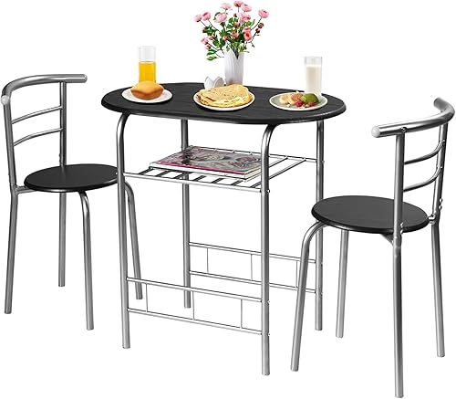 COSTWAY Juego de mesa de comedor de 3 piezas para 2, moderno juego de mesa redonda con 2 taburetes, mesa de pub y sillas, juego de comedor con capa