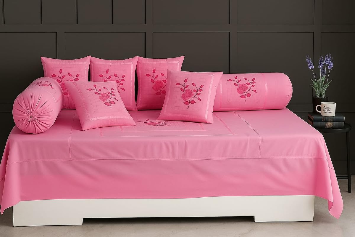 Jai GANGA Rose Designer Deewan Set with Premium Cotton Embroidery | Elegant Deewan Set with 1 Bedsheet, 2 Matching Booster Covers & 5 Cushions Cover | Perfect for Living Room, Bedroom & Home Pink-picture-31
