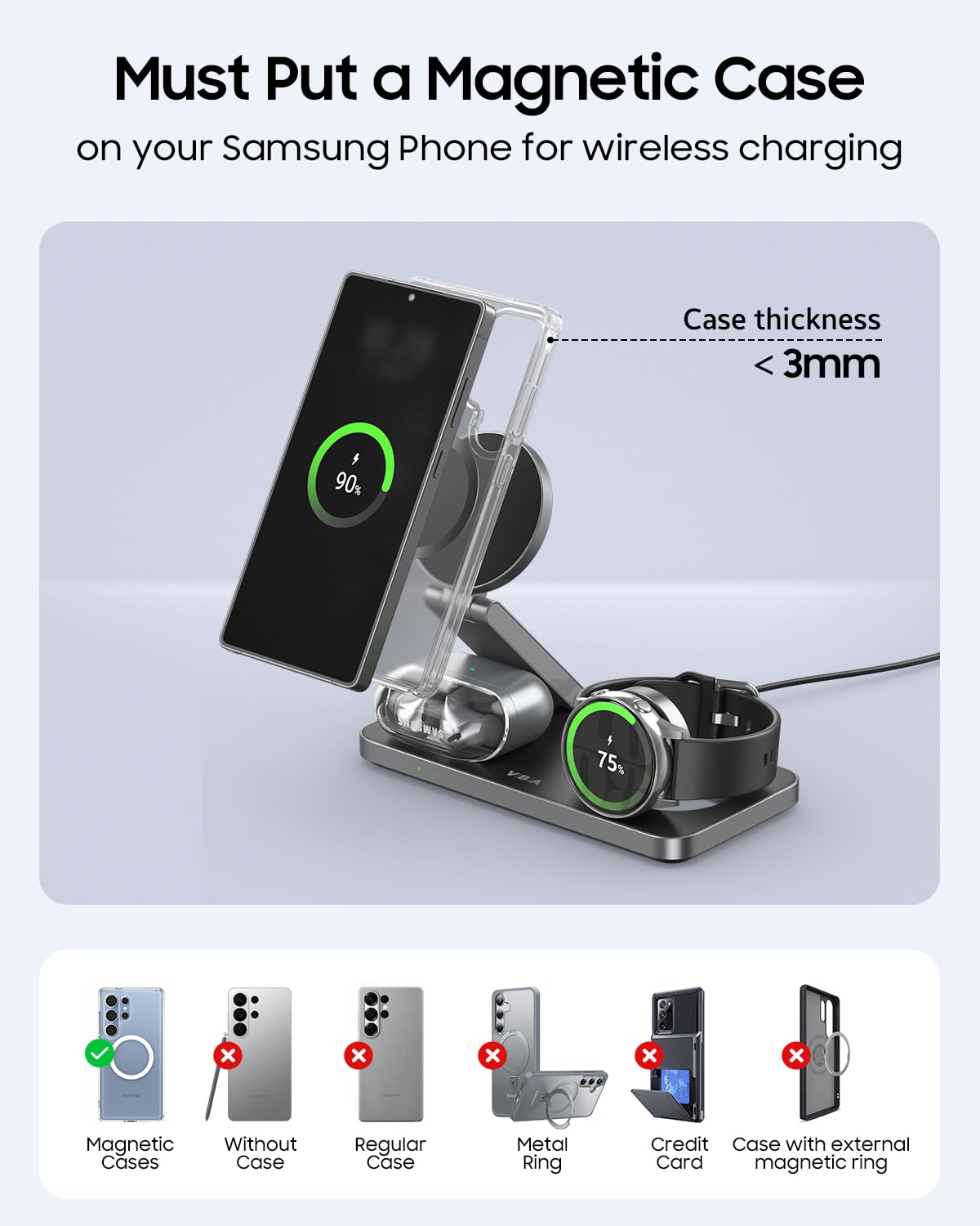 Cargador inalámbrico magnético 3 en 1 para Samsung Galaxy, estación de carga rápida plegable para MagSafe Samsung Galaxy S26 Ultra S25 S24 Z Fold Flip 8 Watch 8 7 Buds 4 3 Pro, no para Samsung Watch 9