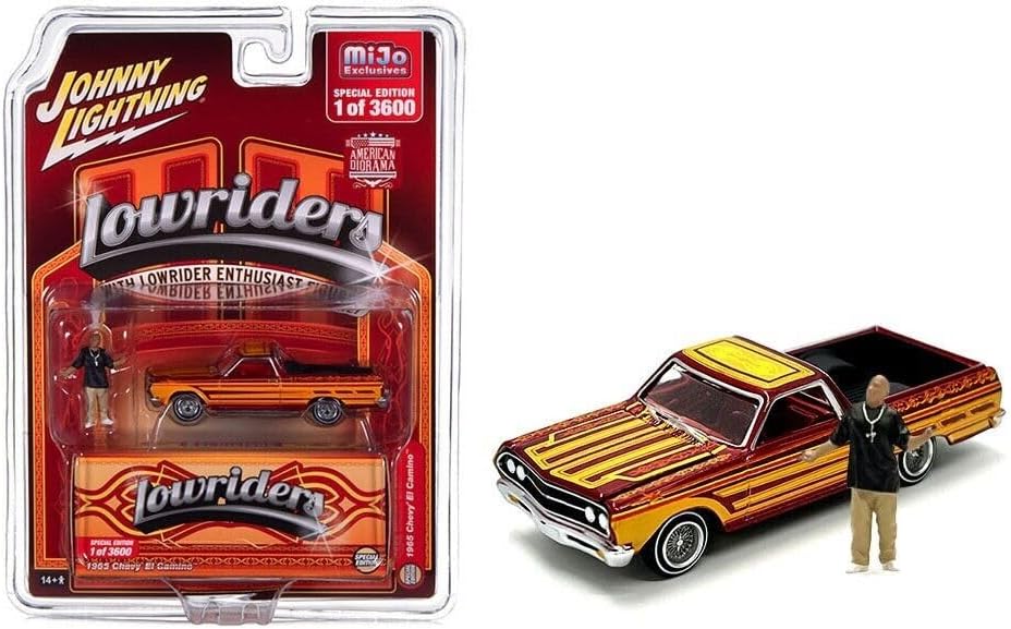 Round 2 1965 Chevy El Camino Lowrider Red Metallic with Orange Graphics and Red Interior and Diecast Figure Limited Edition to 3600 Pieces Worldwide 1/64 Diecast Model Car by Johnny Lightning JLCP7460