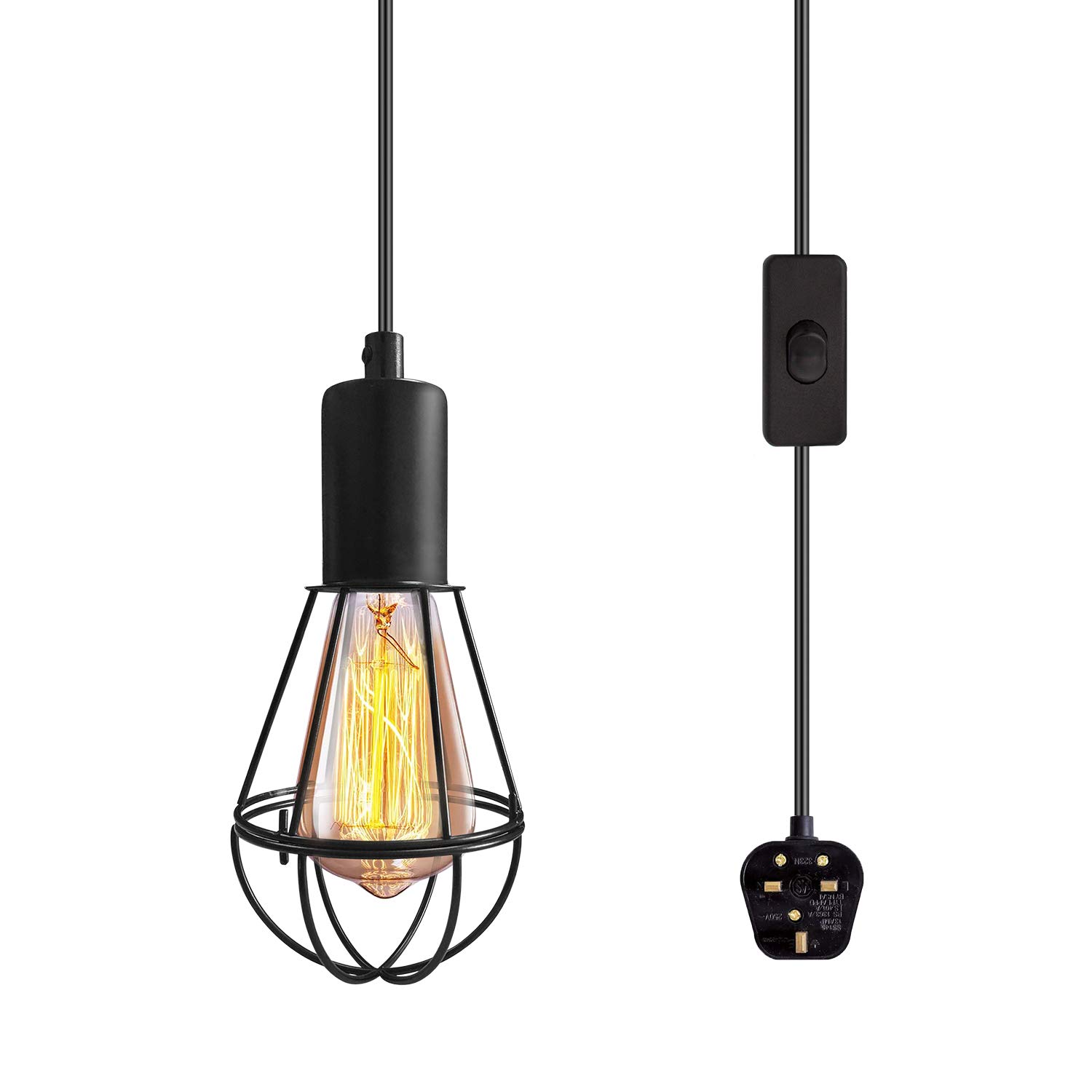 Buy Industrial Plug in Pendant Light On/Off Switch Vintage Hanging Cage