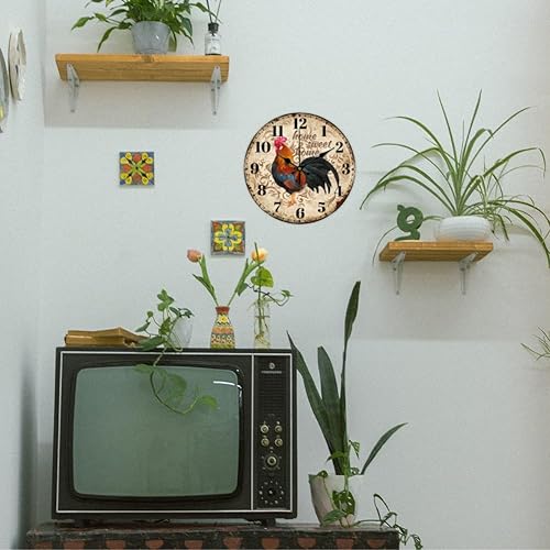 Miniatura 6 de CHGCRAFT Reloj de pared vintage de gallo de 12 pulgadas, reloj de pared de madera silencioso, reloj de pared digital redondo, funciona con pilas,