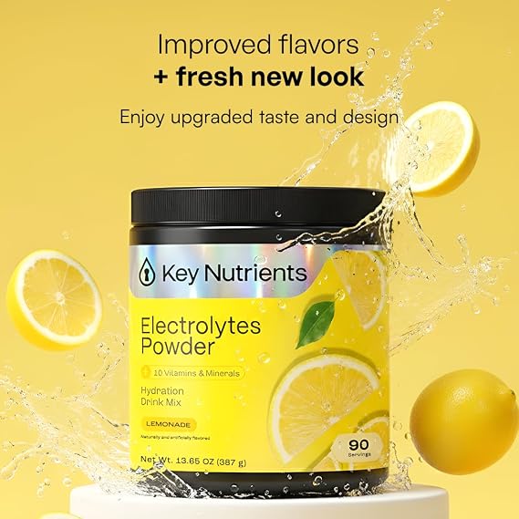 KEY NUTRIENTS Multivitamin Electrolytes Powder No Sugar - Refreshing Lemonade Electrolyte Powder - Sodium & Energy Supplement - Hydration Powder - No Calories - 90 Servings - Made in USA