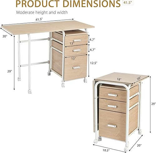 Miniatura 7 de GRAFFY - Escritorio para computadora, pequeño escritorio de trabajo para laptop con mesa plegable y 3 cajones de almacenamiento, escritorio plegable