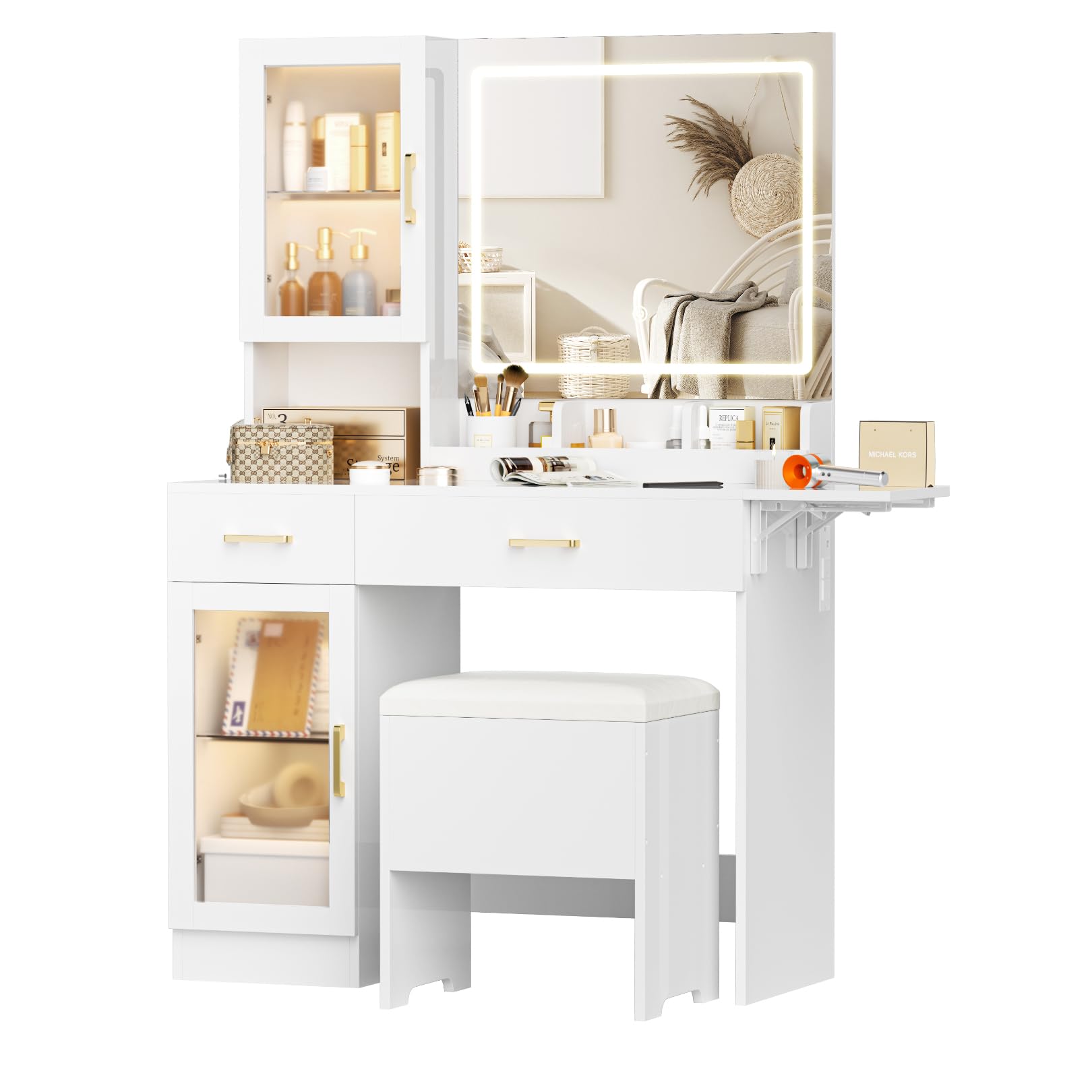 NUNU LAB Vanity Desk with Mirror and Lights, Makeup Vanity Set with Storage Shelf and Drawers, Bedroom Dressing Table with RGB Cabinets, Cushion Stool & Brighter LED Lights for Women, Girls, Teens