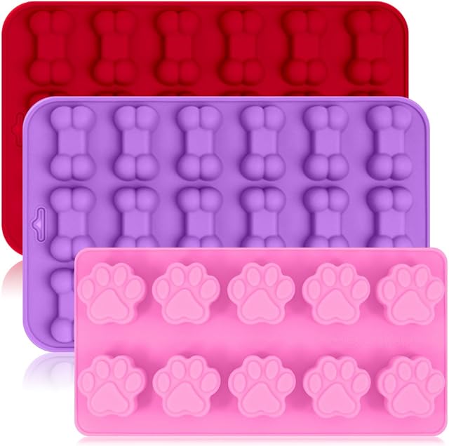 3 Pack Silicone Ice Molds Trays with Puppy Dog Paw and Bone Shape, FineGood Dog Food MoldReusable Bakeware Maker for Baking Chocolate Candy,