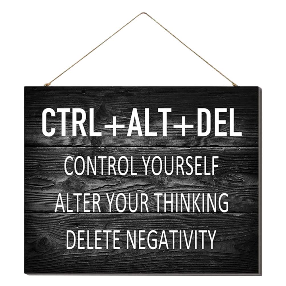 HEALLILY CTRL+ ALT+ DEL Wood Signs Plaque Inspirational Wall Decor for Office Motivational Positive Saying Quotes Rustic Hanging Sign for Home Office Living Room