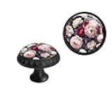Elohiym 6 Pack Black Drawer Pulls, Unique Cabinet Knobs Art Dresser Handles for Kitchen, Bathroom, Bedroom Furniture Hardware - Red Pink Flowers Art