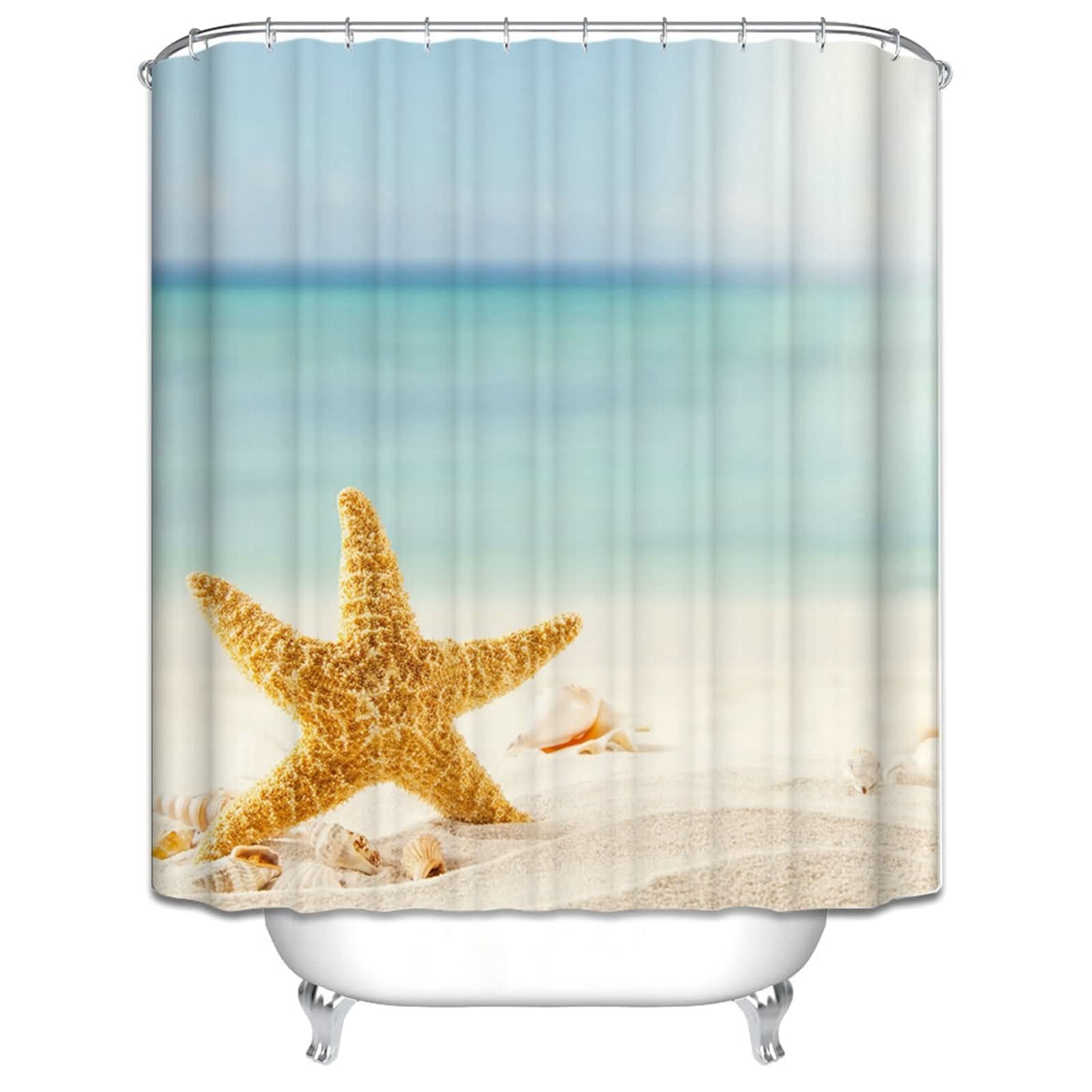 EHOMERY Shower Curtain Liner Cute Shower Curtains For Bathroom Women Starfish Beach Shower Curtain Liners Clear Bathroom Shower Curtains For Boys Polyester & 12 Hooks Rings, 140X180Cm