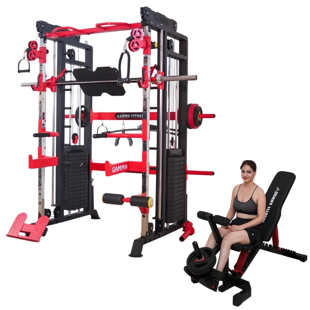 GAMMA FITNESS Home Gym Setup FTS- 101 Multi Gym Fuctional Trainer with Adjustable Leg Curl & Extension Bench MB-400