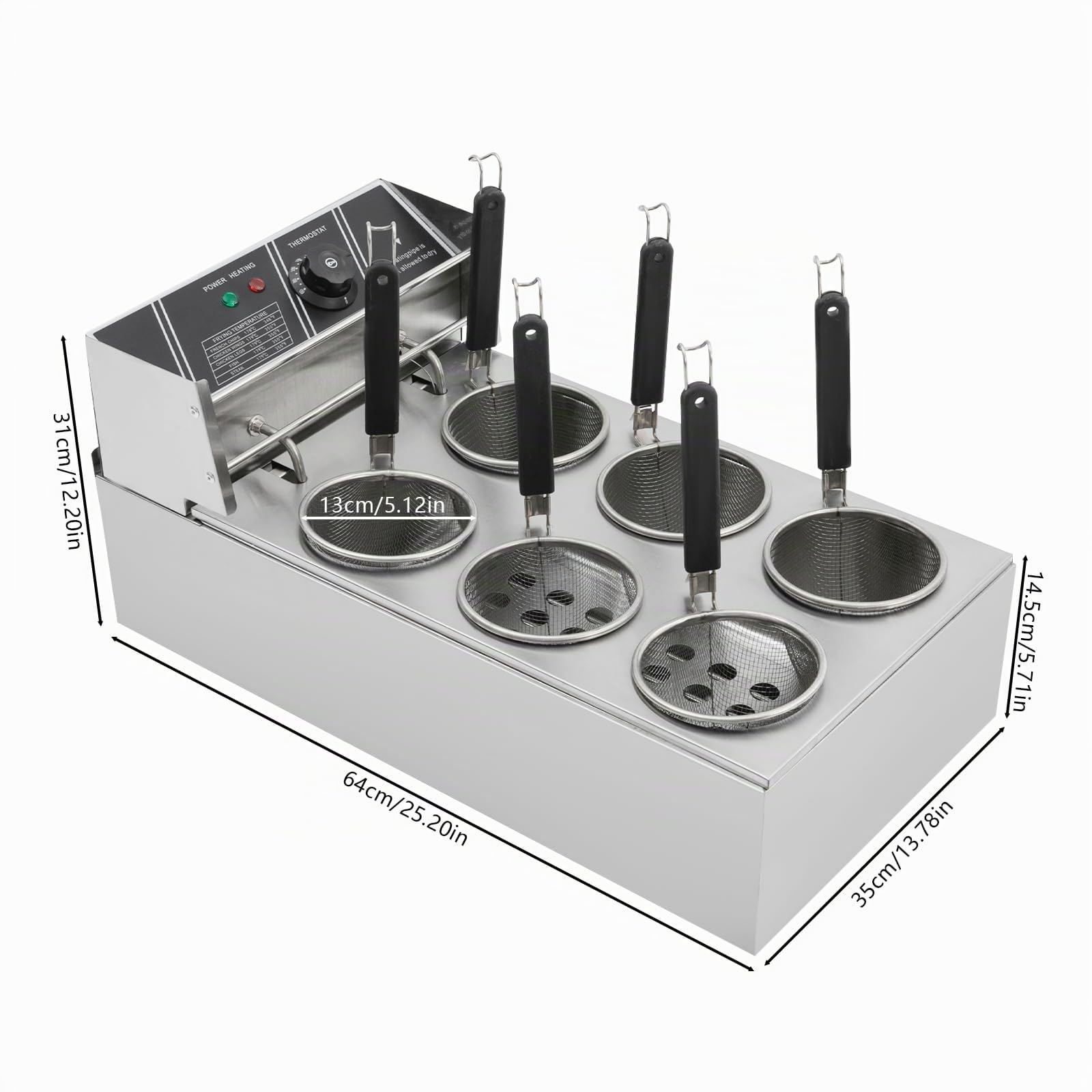 Pentola elettrica per pasta con colino, in acciaio inox, 6 cestini, 2000 W, 20 litri, intervallo di temperatura 60-200 °C, per gastronomia, cucina, pasta, 64 x 35 x 31 cm