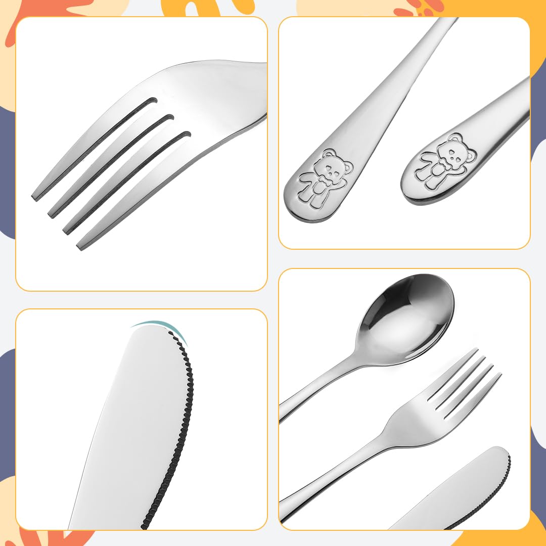 9 posate per bambini in acciaio inox, 3 forchette, 3 cucchiai, 3 coltelli, lavabili in lavastoviglie, set di posate per bambini, con incisione, regalo per battesimo per ragazze e ragazzi (argento)