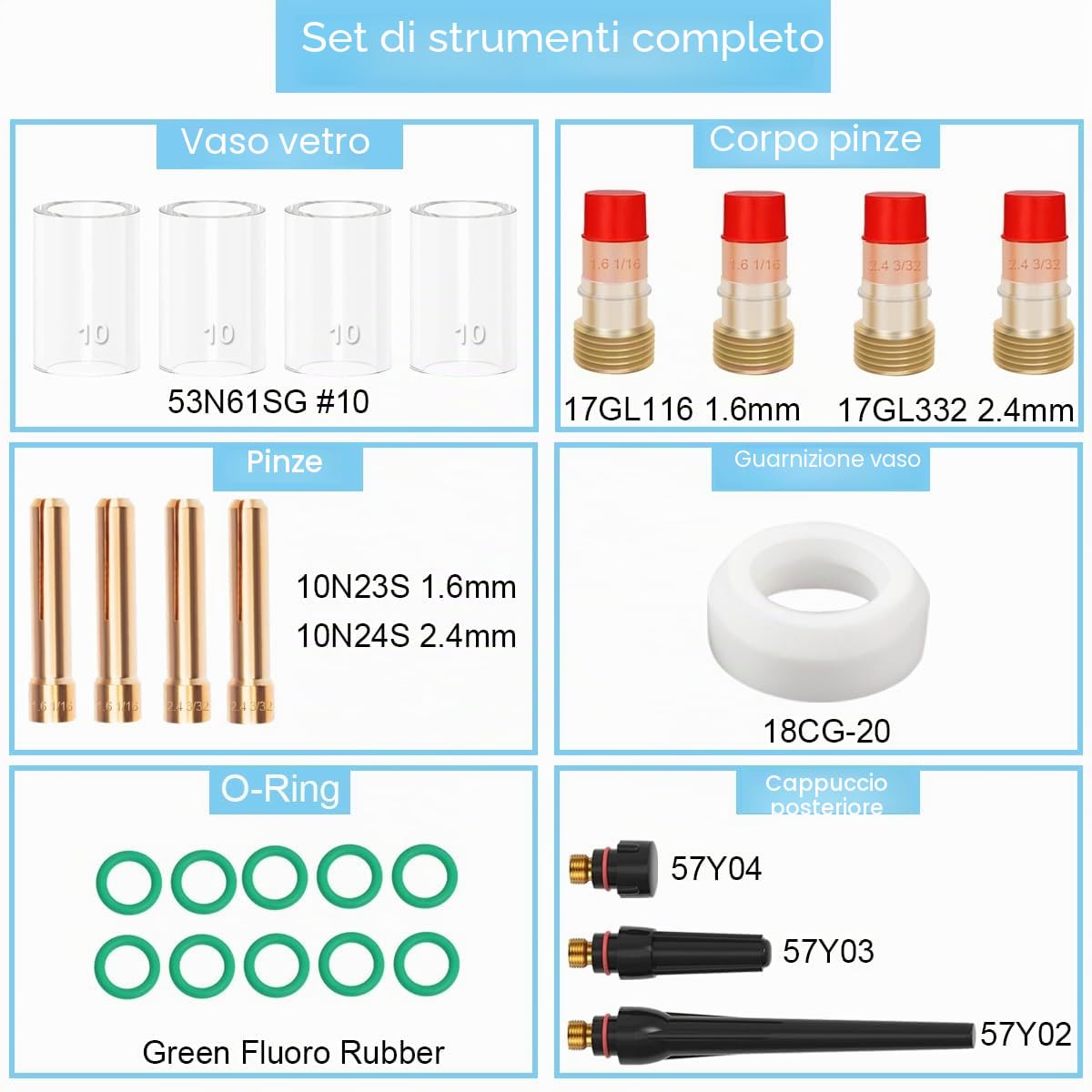 26 Pezzi Torcia di Saldatura per TIG Lente a Gas #10 Kit Coppa in Vetro Pinze Corpo Stubby Gas Lens & Stubby Collet 1.6mm 2.4mm per WP-17/18/26 Kit di Accessori per TIG Torcia di Saldatura