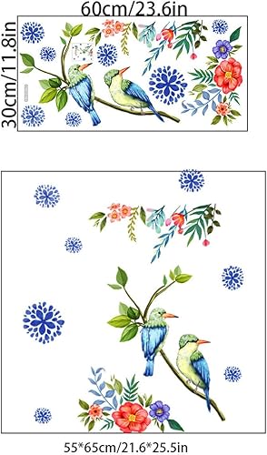 Miniatura 6 de HaoFuJi Adhesivos de doble cara para ventana de flores, diseño floral de pájaros, primavera, verano, coloridas calcomanías de ventana para pájaros
