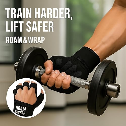Miniatura 3 de Roam & Wrap Guantes de levantamiento de pesas con muñequeras  Guantes de gimnasio extra acolchados y ventilados para hombres y mujeres  Ideal para