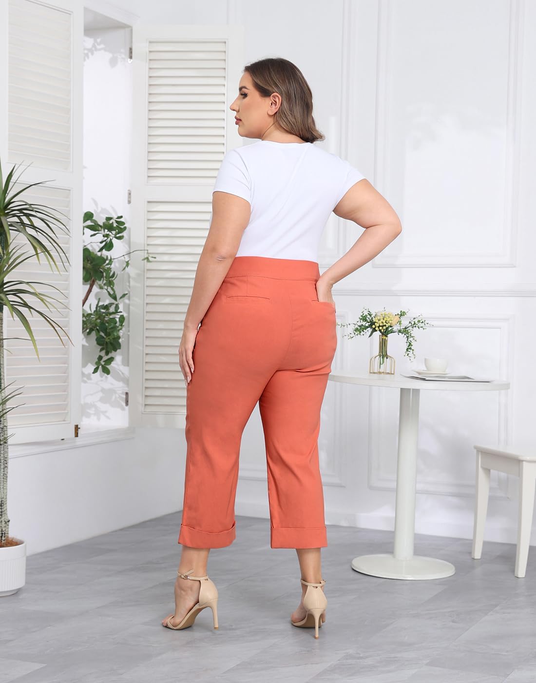 HDE Plus Size Pull On Capri Pants for Women with Pockets Elastic Waist Commuter Travel Casual Work Cropped Pants with Cuff - Image 3