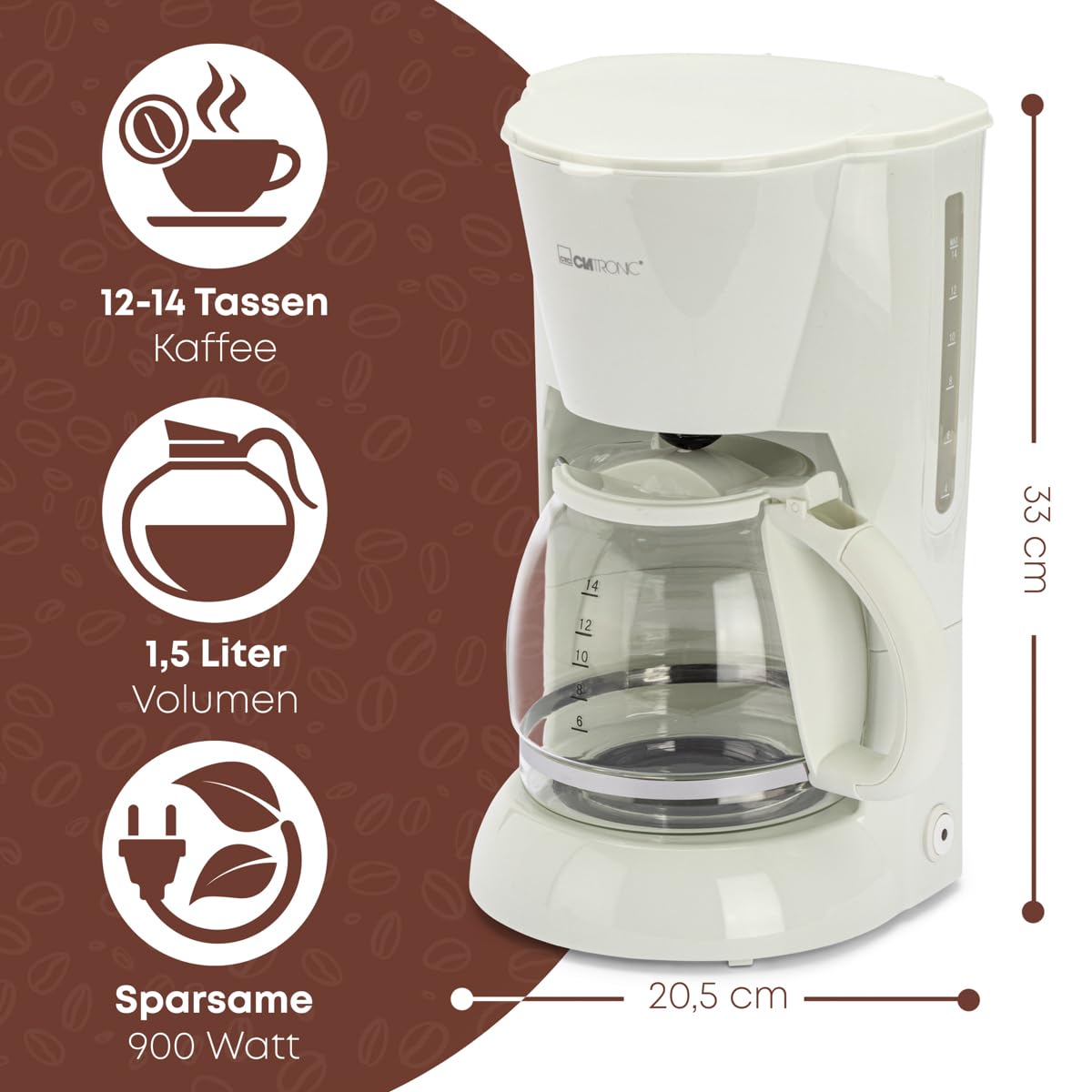 Clatronic KA 3473 Cafetera eléctrica de Goteo automática, máquina café de Filtro Capacidad 12 a 14 Tazas, 1,5 litros, función de mantenedora Calor, 1.5 litros, Blanco