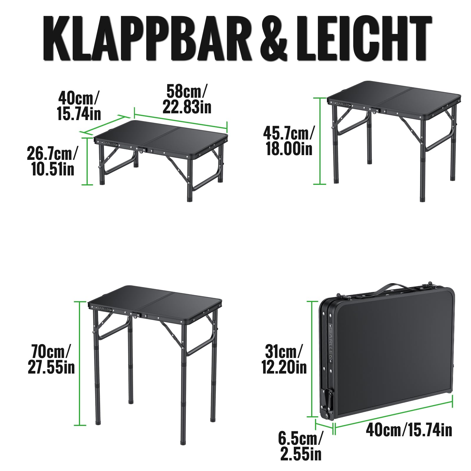 GARLLEN Campingtisch klappbar, 58x40cm & 3 einstellbare Höhen(26/48/70cm), Klapptisch Camping Tisch, Tragbar Beistelltisch Grilltisch Gartentisch Picknicktisch für Camping Picknick Garten (Schwarz)