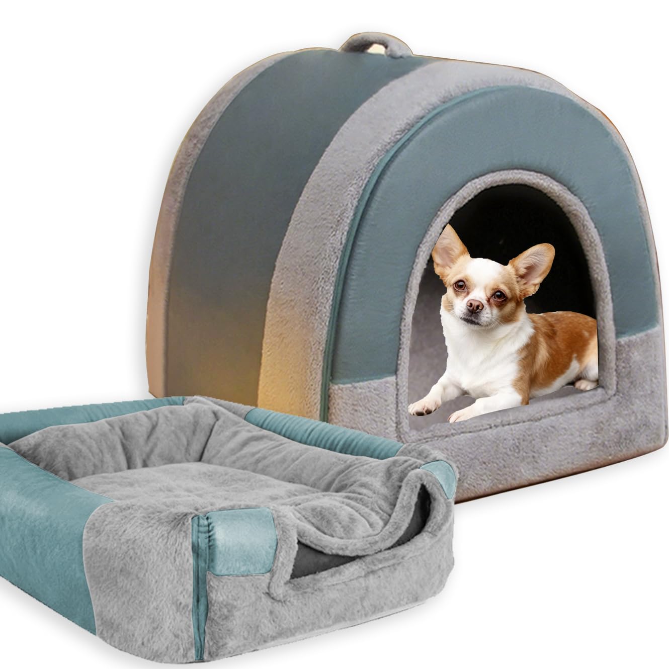 Large Dog Bed House 2-in-1 Calming Pet Cave Waterproof,Plush Dog House with Soft Removable Cushion Anti Anxiety Grate Mattress Non-Slip Base Warm Dogs Bed for Indoor Cats (65X53X50CM-XL,Blue)
