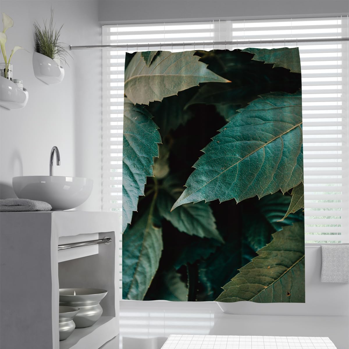 UIRINGART Dark Green Leaves Bath Curtain W90xL180cm Tropical Forest Jungle Plants Quick Dry Mildew Resistant with Hooks Bathroom Curtain Modern Home