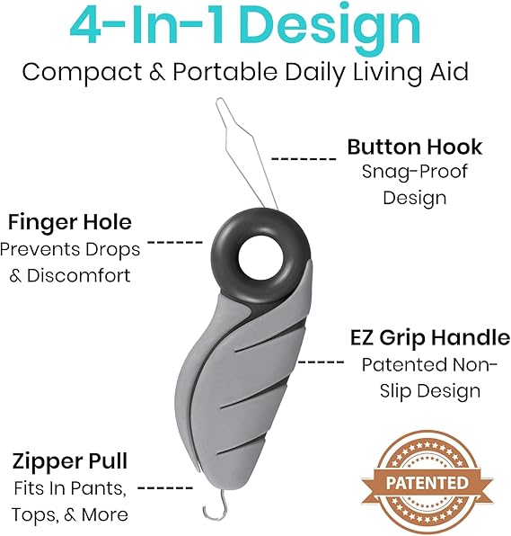 Vive Button Hook with Finger Hole - Zipper Gripper Pull Helper - Dressing Aid Assist - Buttoning Tool Device for Arthritis, Limited Mobility, Independent Living - Dexterity Handle Grip for Clothes