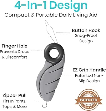 Vive Button Hook with Finger Hole - Zipper Gripper Pull Helper - Dressing Aid Assist - Buttoning Tool Device for Arthritis, Limited Mobility, Independent Living - Dexterity Handle Grip for Clothes