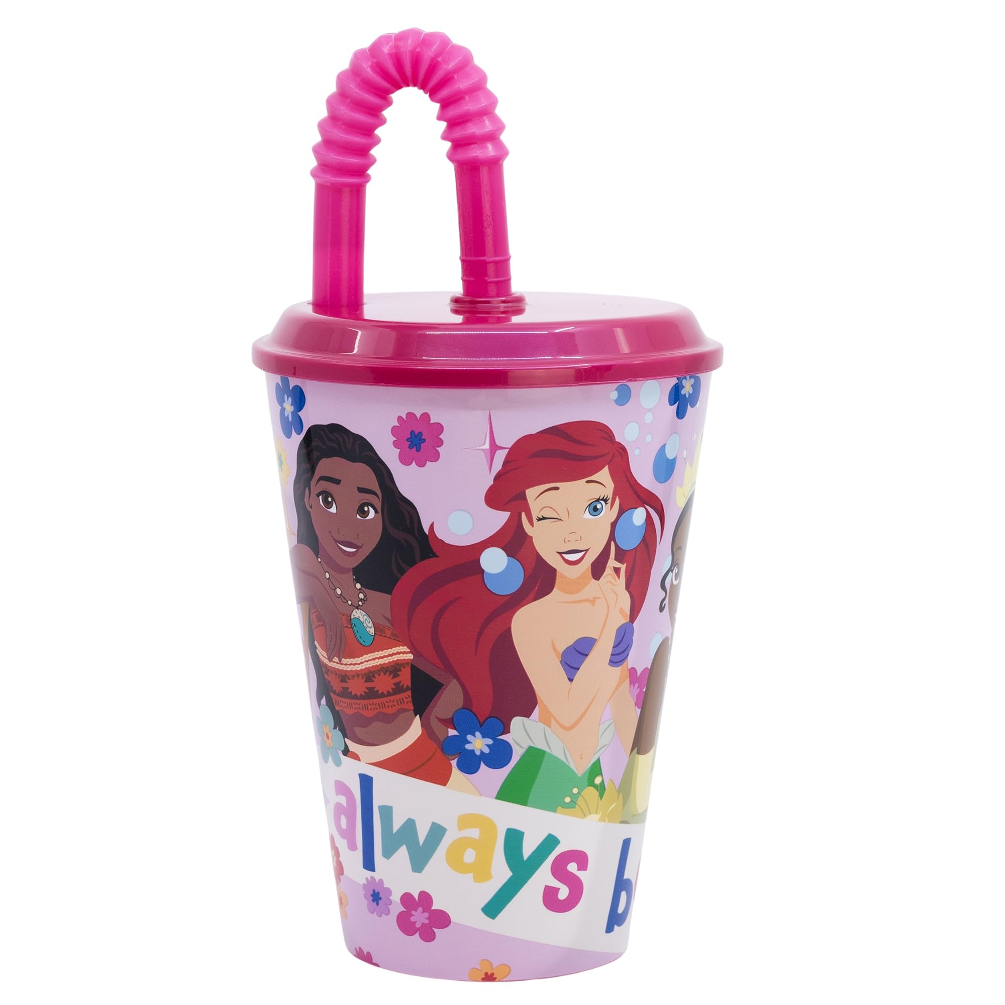 Stor Bicchiere Bambini con Coperchio e Cannuccia Principesse Disney 430ml - Bicchiere Riutilizzabile in Plastica Resistente - Anti-Goccia