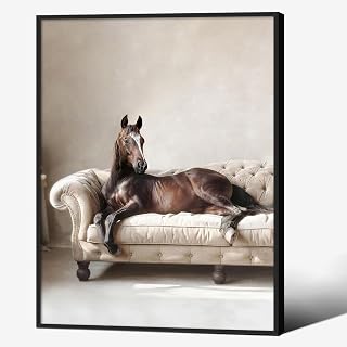 Funny Animal Horse Poster Fashion Western Equine Wall Art Elegant Horse Lounging On Sofa Canvas Prints 12x16 inch Black Framed for Rustic Farmhouse Wall Decor