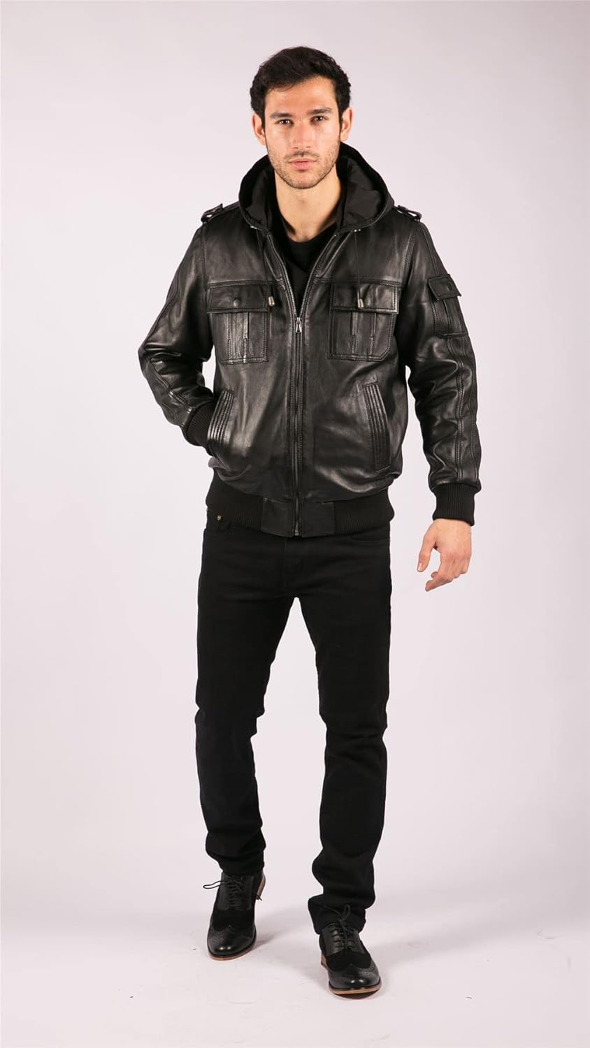 TruClothing Mens Real Leather Jacket Black Brown Hooded Hood Zip Retro Bomber Casual