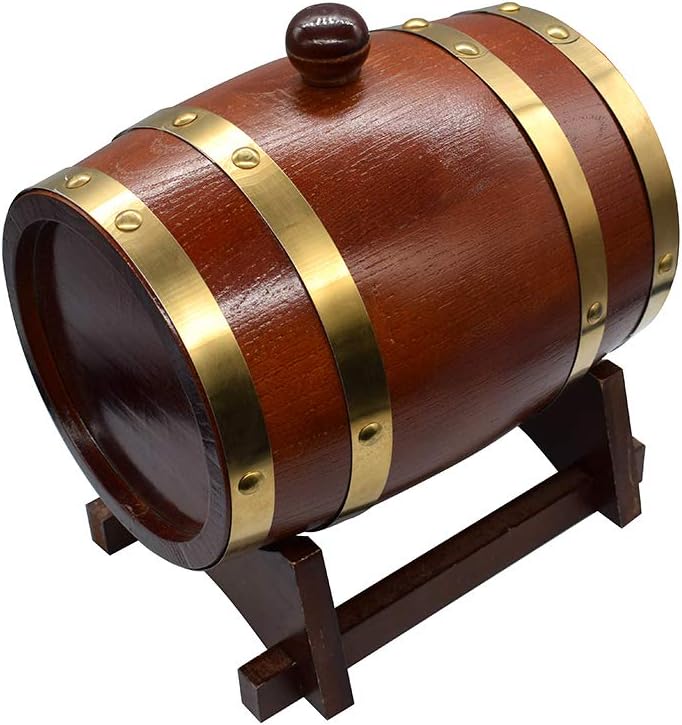 1.5L Wood Whiskey Barrel Dispenser Wine Barrel with Stand for Serving and Entertaining, Table Home Accent Display & Storage of Wine, Spirits, Beer, and Liquor (with baked oak chips)