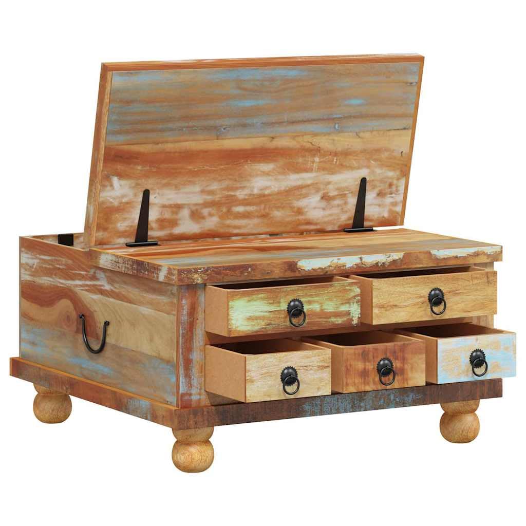 Générique Vintage przemysłowy stolik kawowy z odzyskiwanego drewna 70x70x38 cm, stolik pomocniczy z 5 szufladami i komorą wewnętrzną, ręcznie wykonany z drewna tekowego z drewna akacjowego, styl