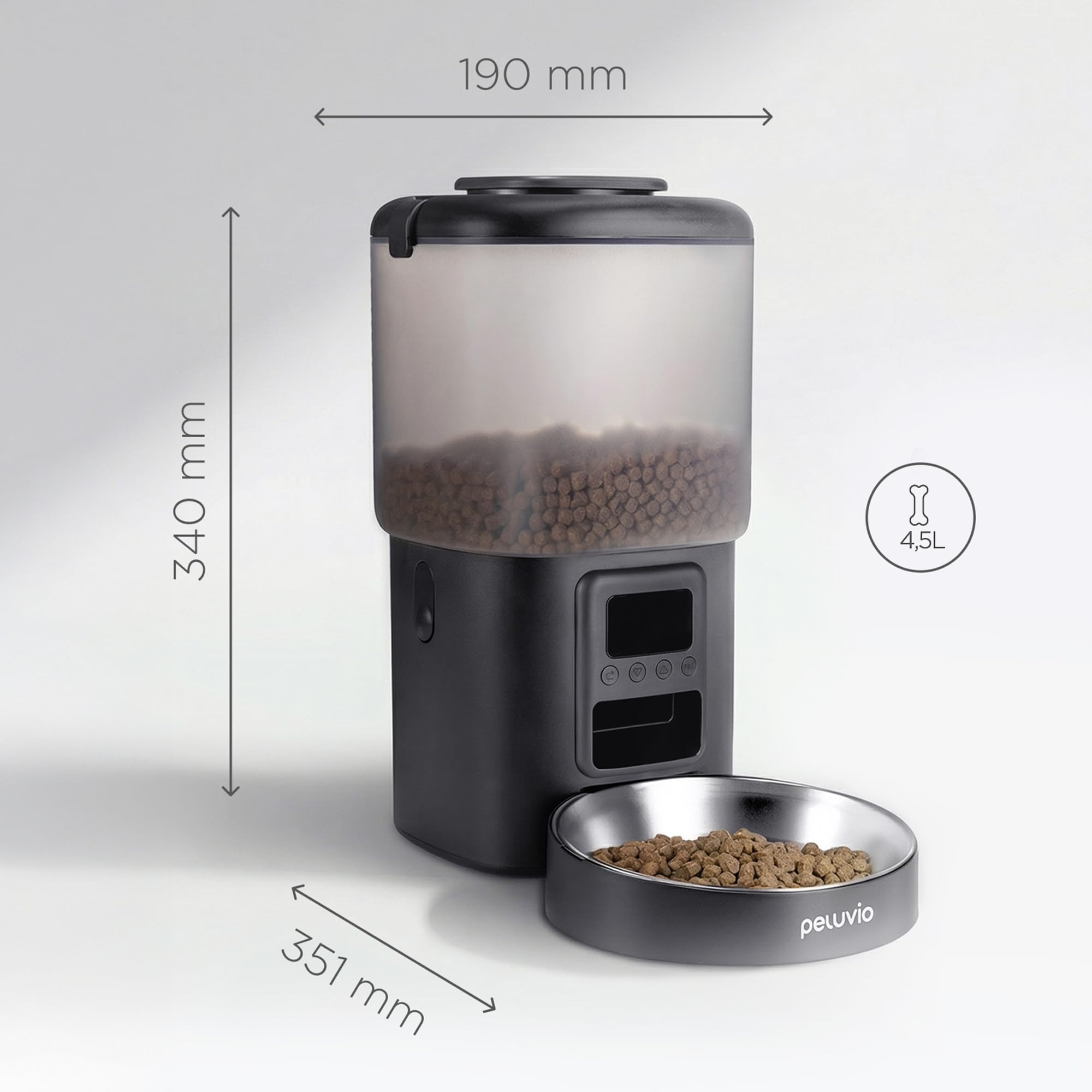Crispy Comedero Automático para Perro, Dispensador de Comida Programable con Temporizador, sin App Fácil, LCD, USB-C con Pilas de Respaldo, Cuenco Acero Inoxidable, 4,5 L, 2 Deshumidificadores