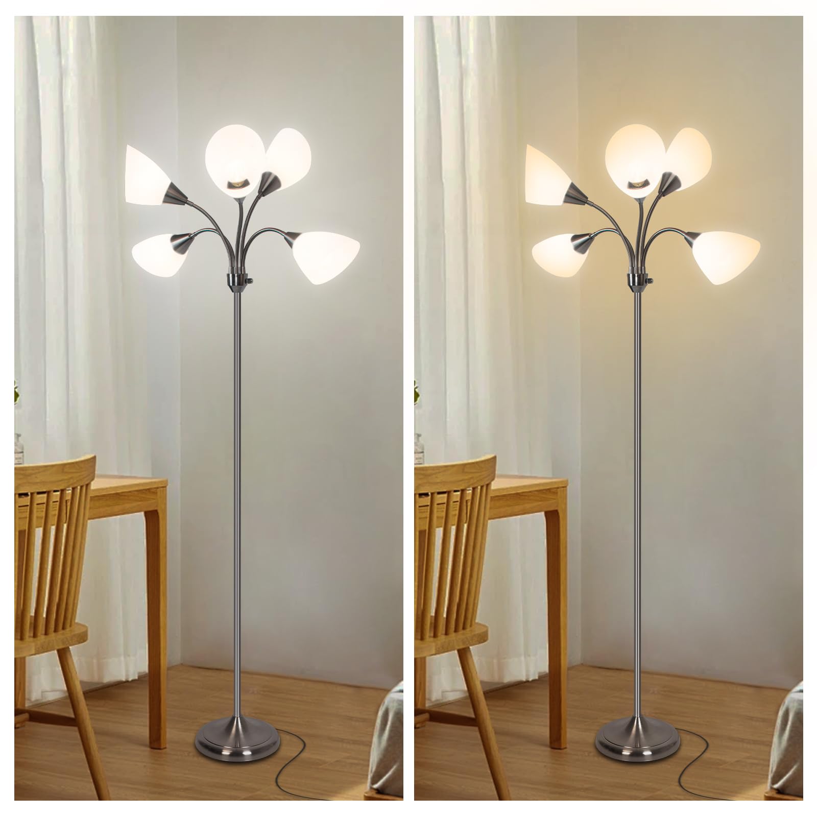 HonoDing Medusa Lampy podłogowe Lampy stojące 5 głowic Regulowane światło do czytania Duży klosz Żarówka E26 A19 Lampy podłogowe do salonu Sypialnia (satyna niklowa)