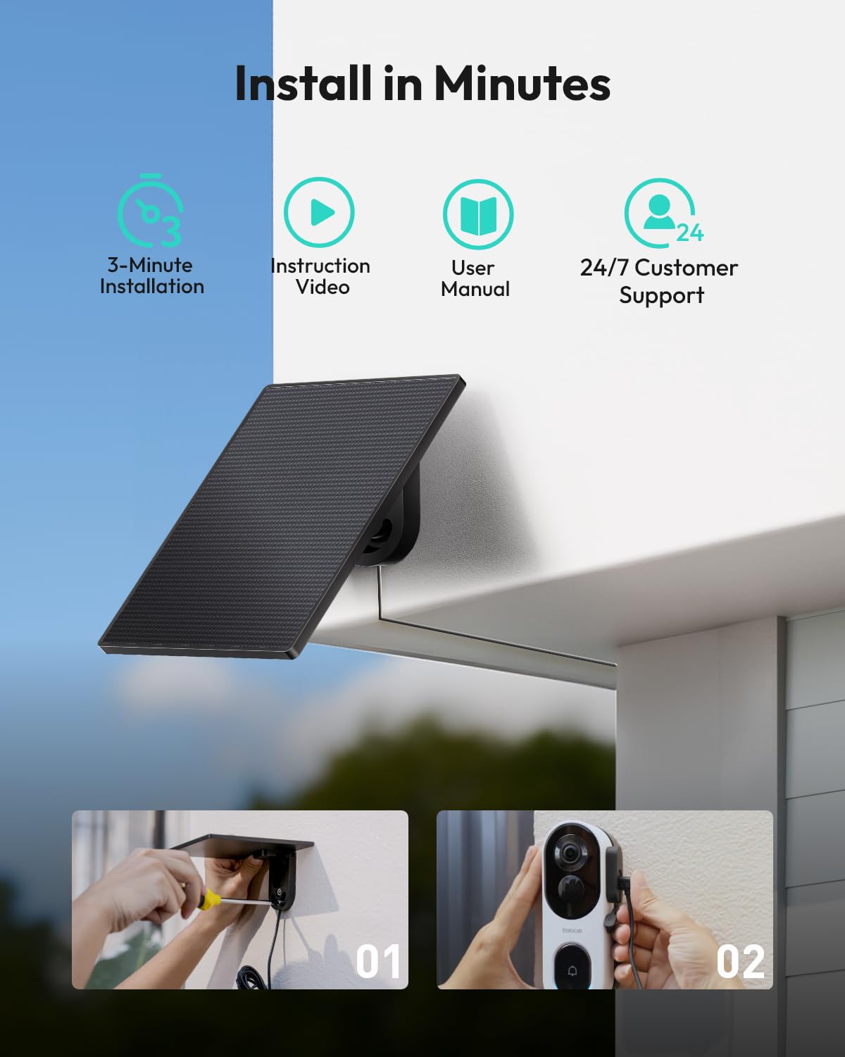BOTSLAB 5MP Doorbell Camera Wireless with Solar Panel, 180° Panoramic View Video Doorbell, No Monthly Fee, 2.4 GHz WiFi, AI Motion Detection, VR Mode