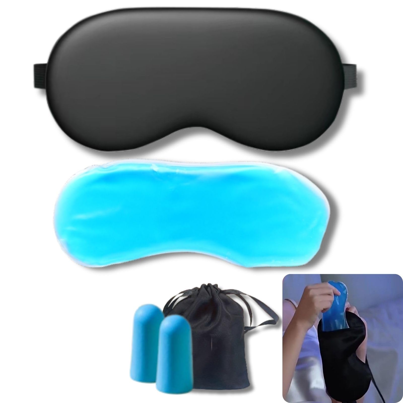 Set Antifaz para Dormir de Seda 100% Natural + Antifaz Gel Frio/Calor para Migraña, Blefaritis, Ojos Secos, Fatiga Ocular, Ojeras y Bolsas. Incluye Tapones para Dormir Y Bolsa de Transporte.