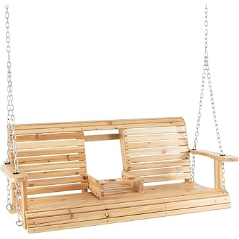 Tangkula 2 Person Hanging Porch Swing, Outdoor Bench Swing with Adjustable Chains, Foldable Cup Holders, High Back, Cozy Armrests, Wooden Hanging Swing Chair for Backyard Deck Garden Natural