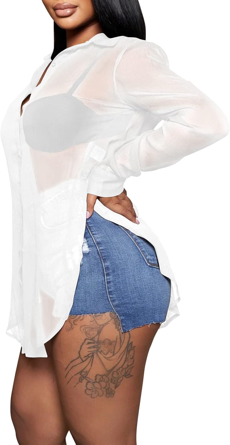 EDITCOZY Women's Sheer Cover Ups Button Up Blouse Sexy Long Sleeve Slit Hem Mesh See Through Shirts Tops - Image 2