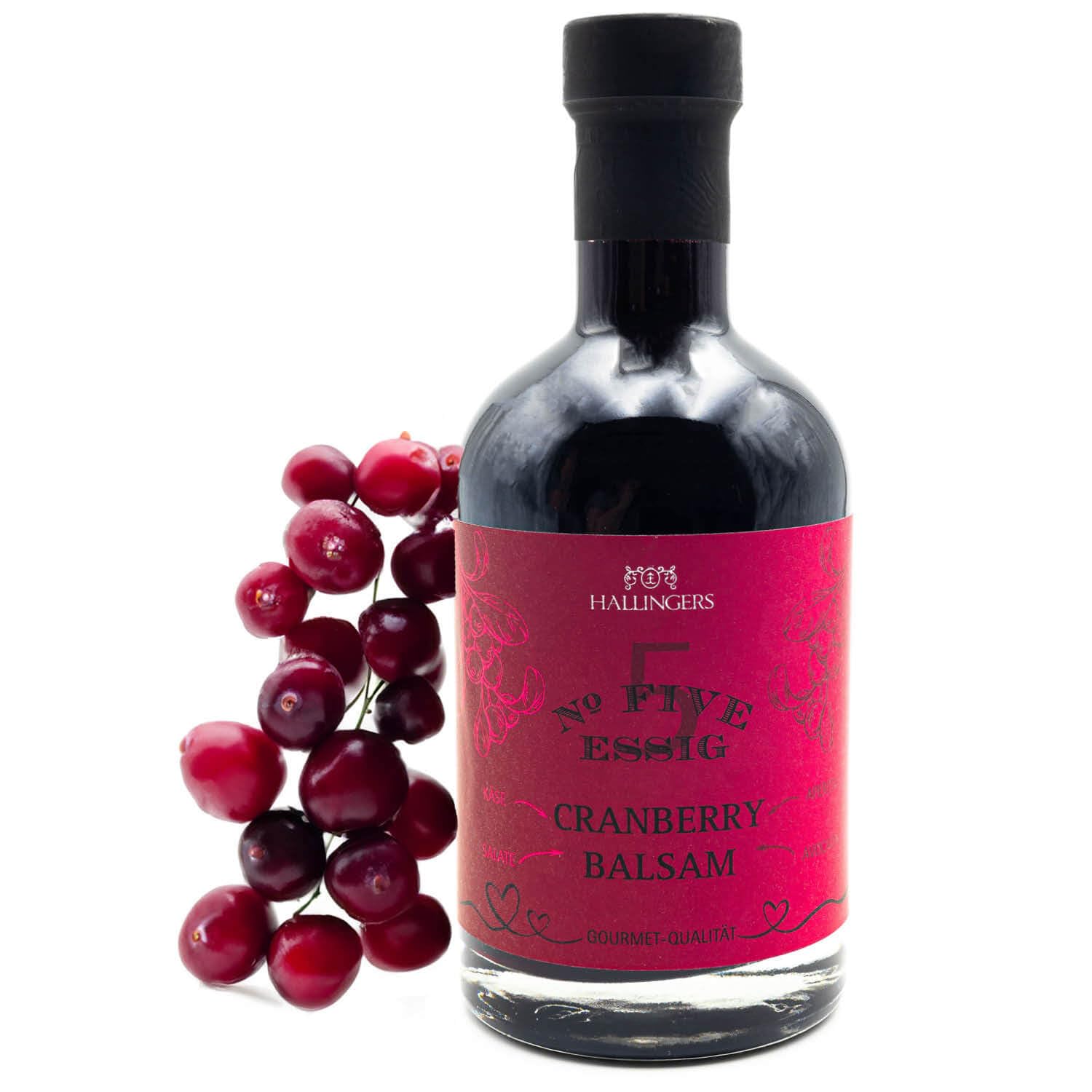 Hallingers Genuss Manufaktur Gourmet-Essig Geschenk - für Salate, Getränke & Speisen in wertiger Geschenkflasche "No. 5" 3% Säure Cranberry-Balsam, Geschenkidee für Frauen Männer