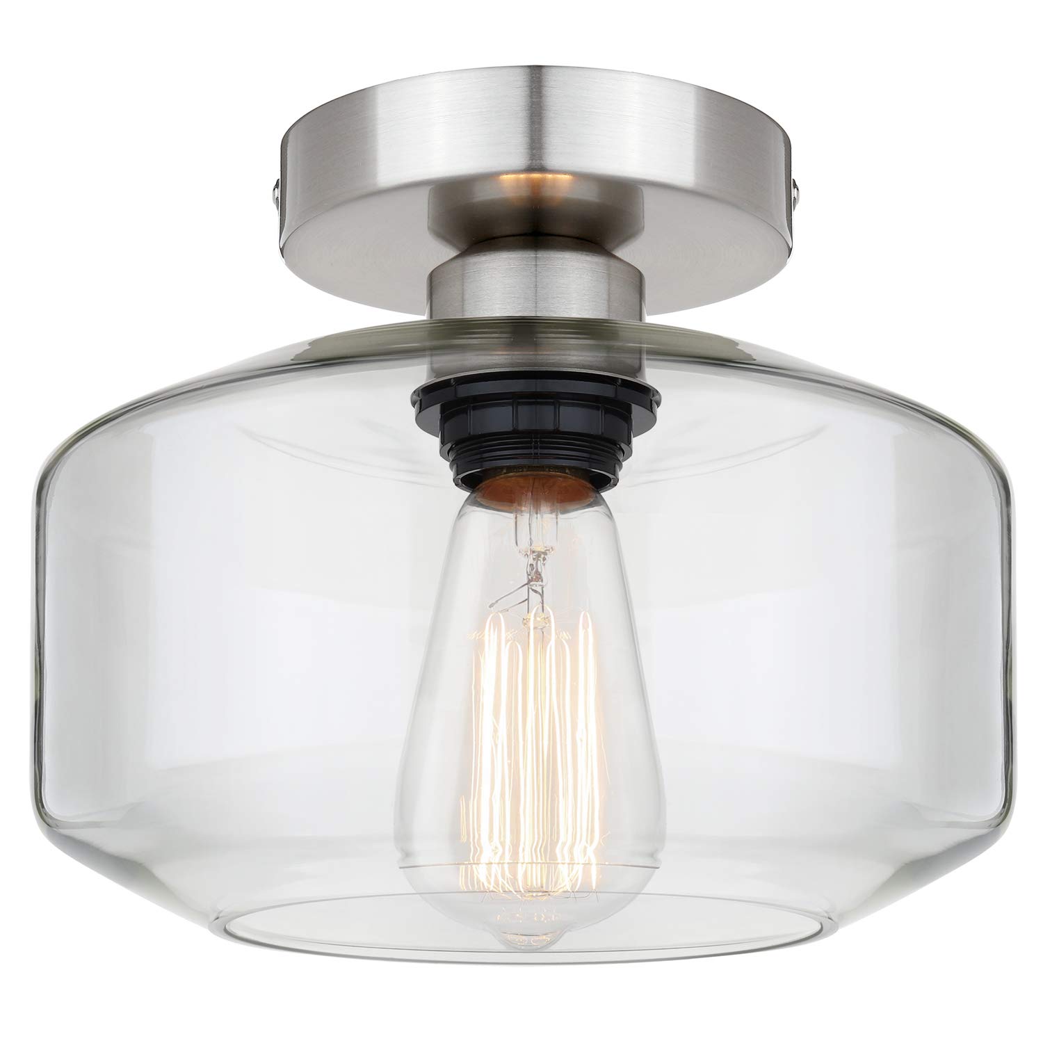 Industrial Semi Flush Mount Ceiling Light, Clear Glass Pendant Lamp
