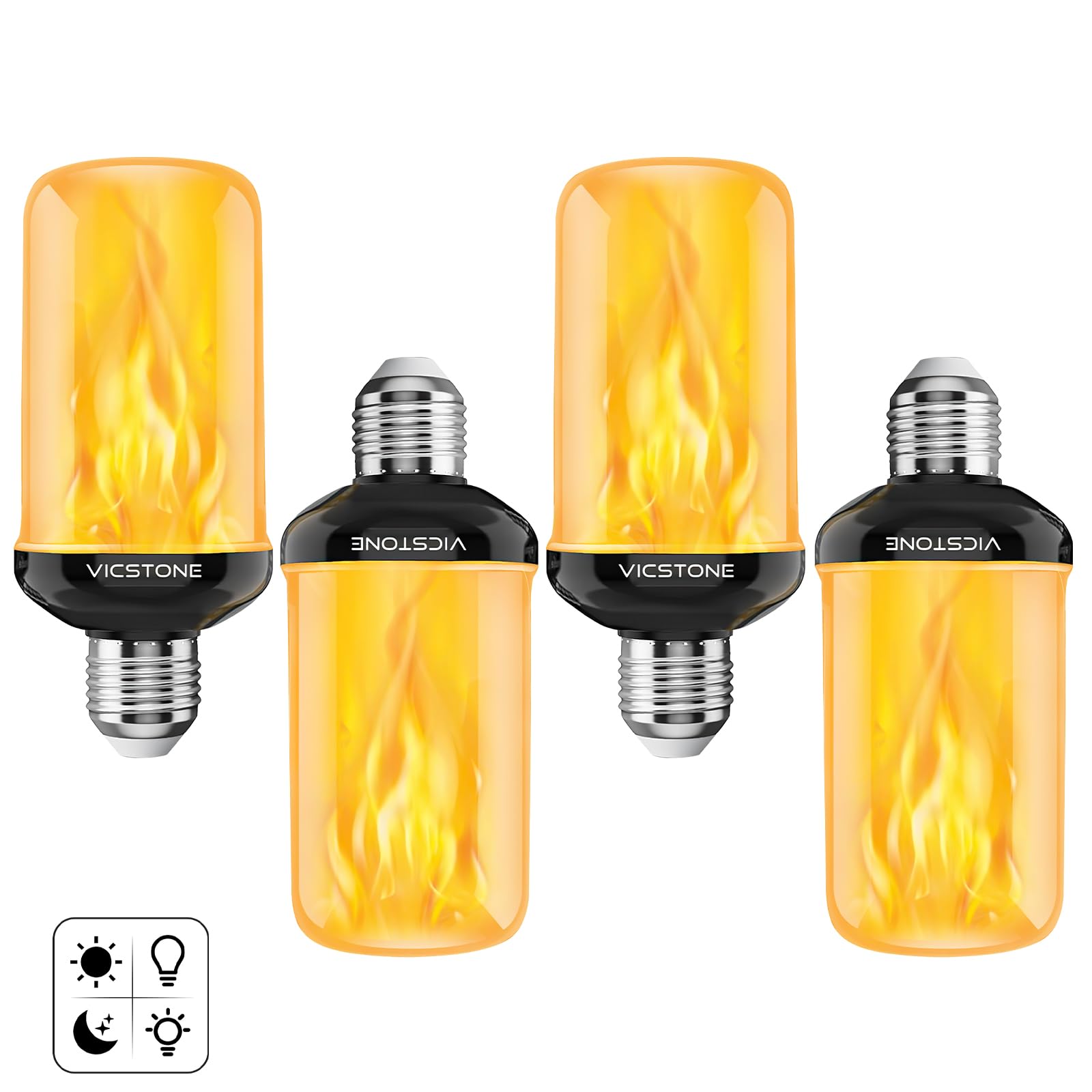 Vicstone Dusk to Dawn LED Flame Light Bulbs Outdoor, 4 Modes Flickering Light Bulbs with Upside Down Effect, E26 Fire Bulb for Halloween Christmas