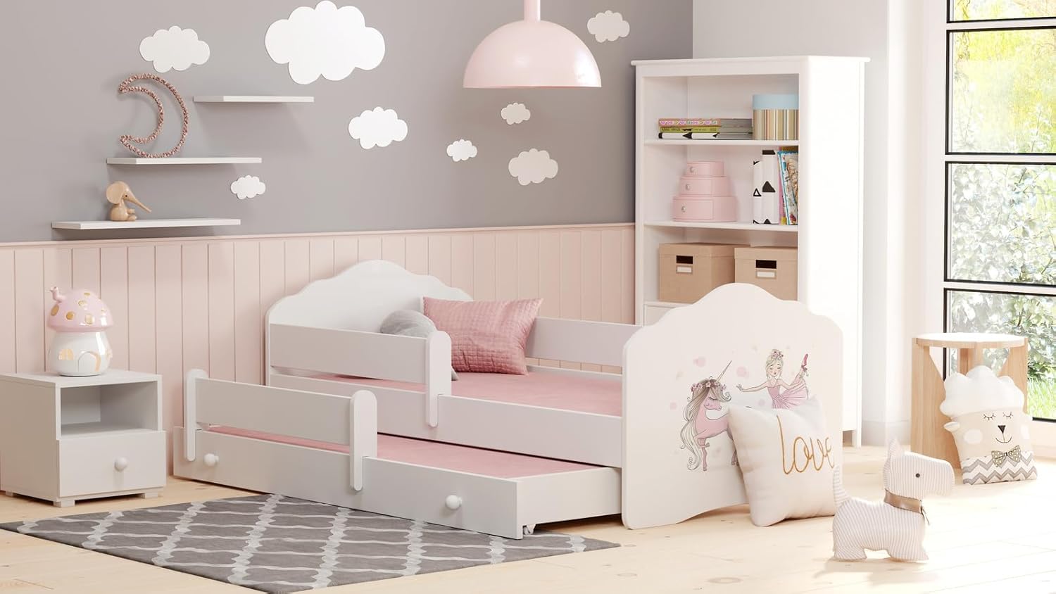 Kobi FALA II children's double bed with pull-out lower bed, shown in a child's room setting.