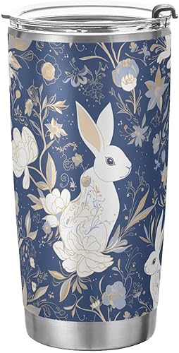Tazas de café de viaje de acero inoxidable vintage azul conejo con tapas con tapa y popote taza de viaje para café taza de viaje simple 20 oz tazas